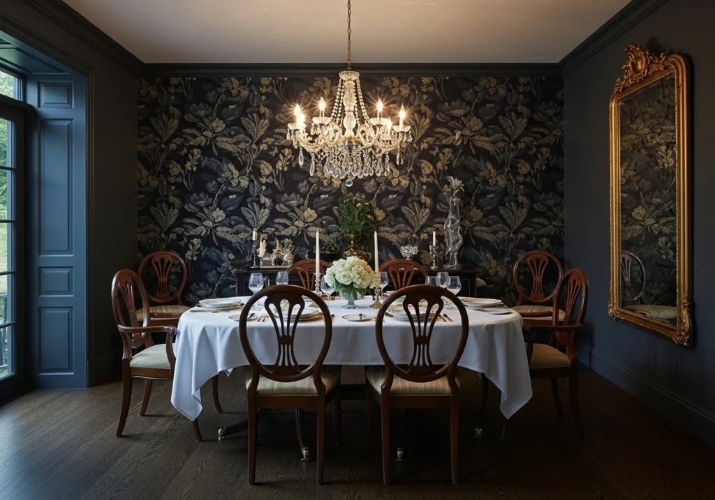1. Dramatic wallpaper as a focal point
Moody Dining Room Ideas