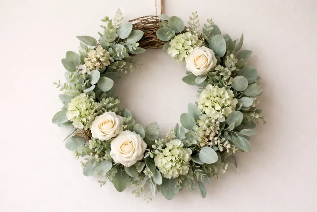1. Floral Sage Green Wreath for a Calming Spring Aesthetic DIY Spring Wreaths Transform Front Porch