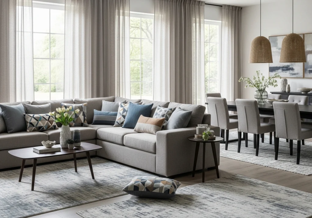 Coordinated throw pillows and textiles seamlessly connect living room and dining room with matching fabrics