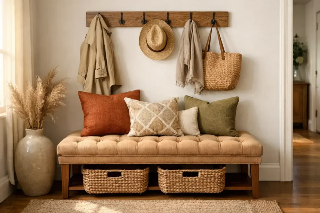 Home Entrance Decor Ideas
Incorporate a Decorative Bench or Ottoman