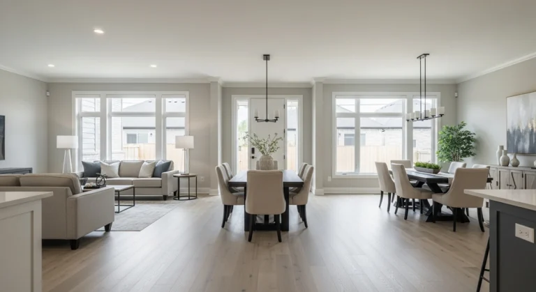 Modern open concept interior showing how to seamlessly connect living room and dining room with cohesive design and continuous flooring