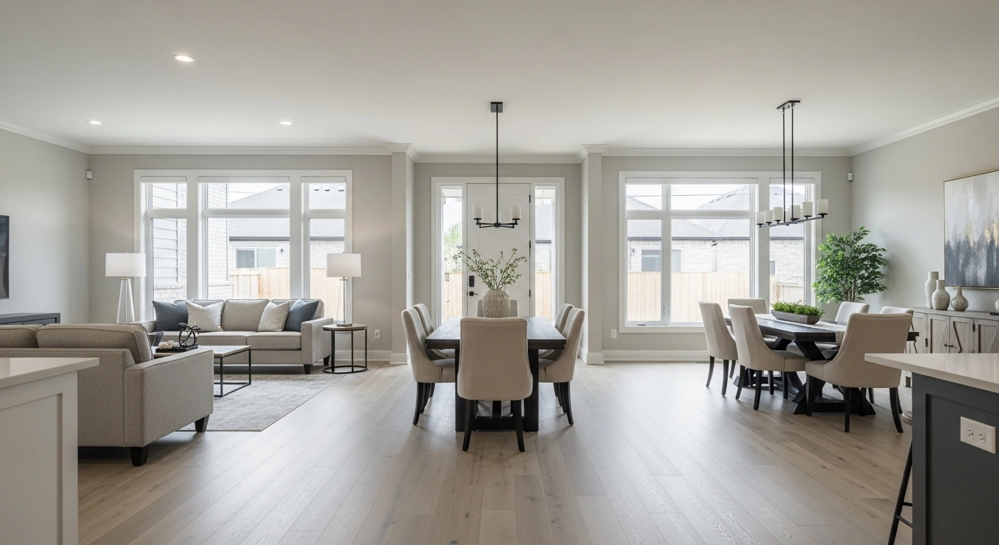 Modern open concept interior showing how to seamlessly connect living room and dining room with cohesive design and continuous flooring