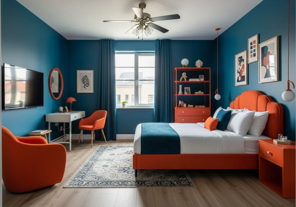 11. A Playful Vibe in Orange and Blue Bedroom Color Schemes for Cozy, Stylish Retreat