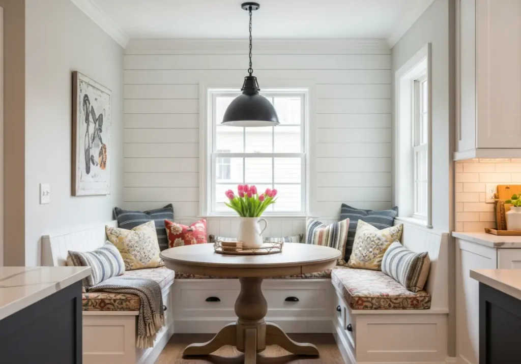11. Cozy Breakfast Nook
 Inspiring Farmhouse Kitchen Design Ideas
