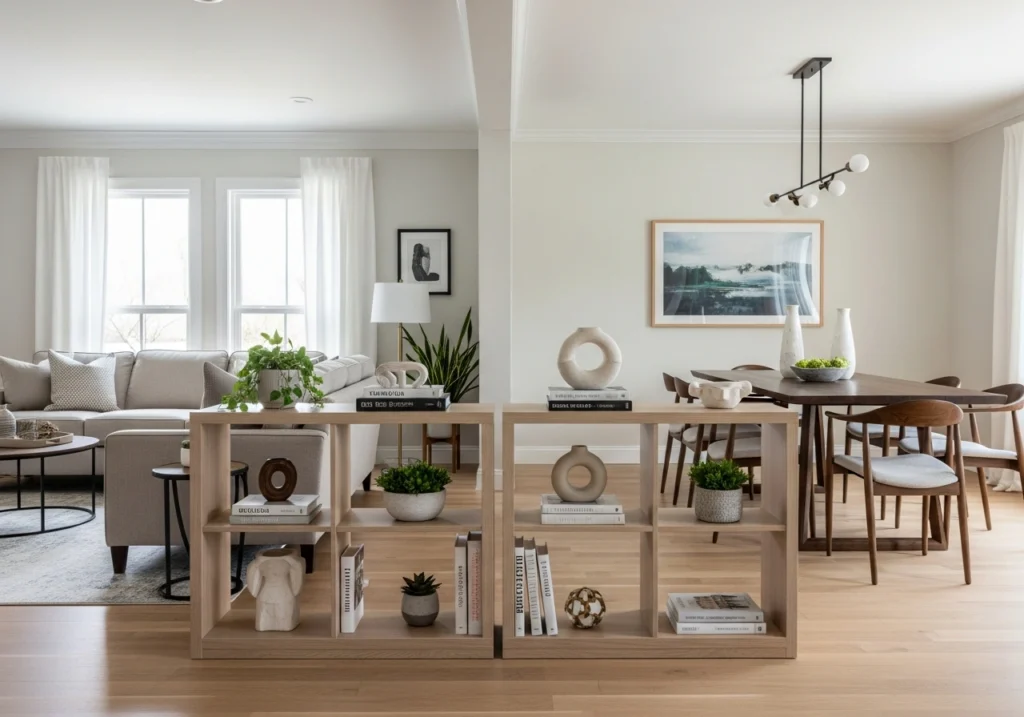 Backless bookcase room divider seamlessly connecting living room and dining room without blocking sightlines