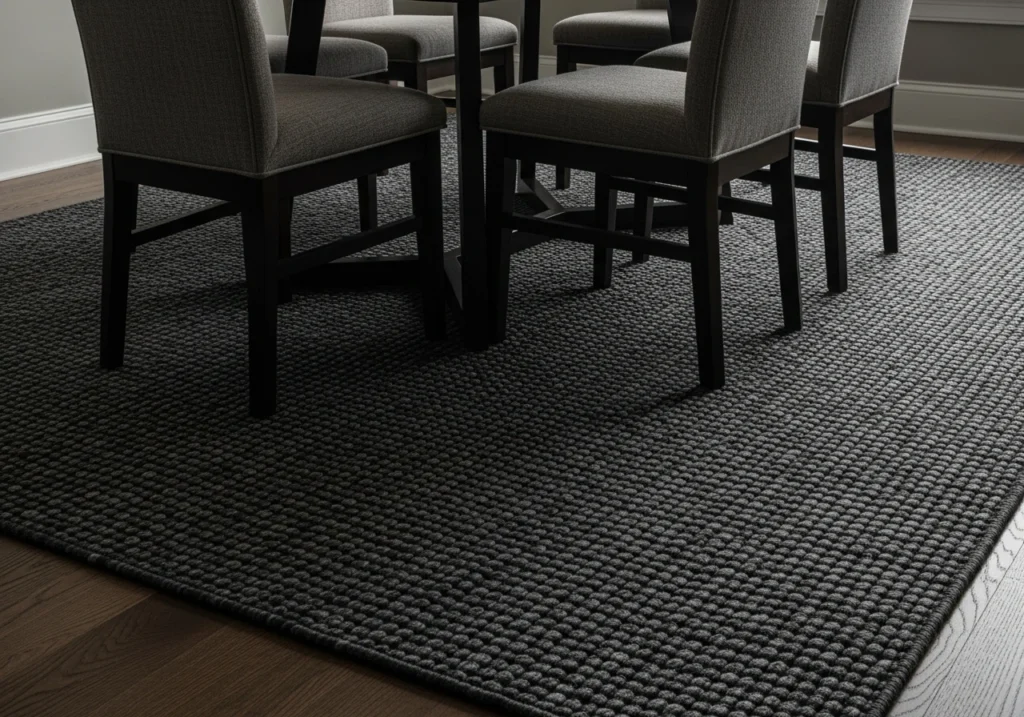 11. Textured rugs for warmth
Moody Dining Room Ideas