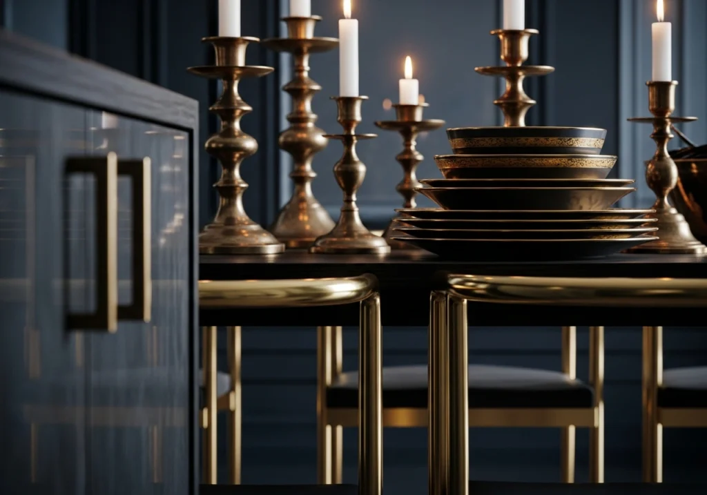 14. Metallic accents for glamour
Moody Dining Room Ideas