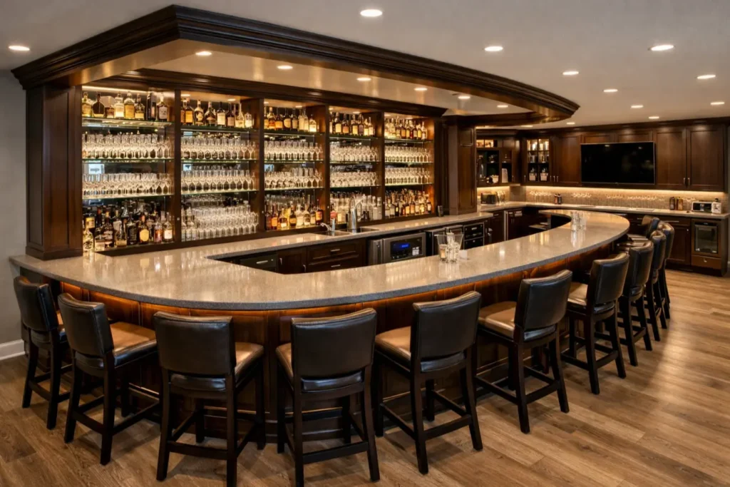 Basement Bar Ideas
The Wrap-Around Bar