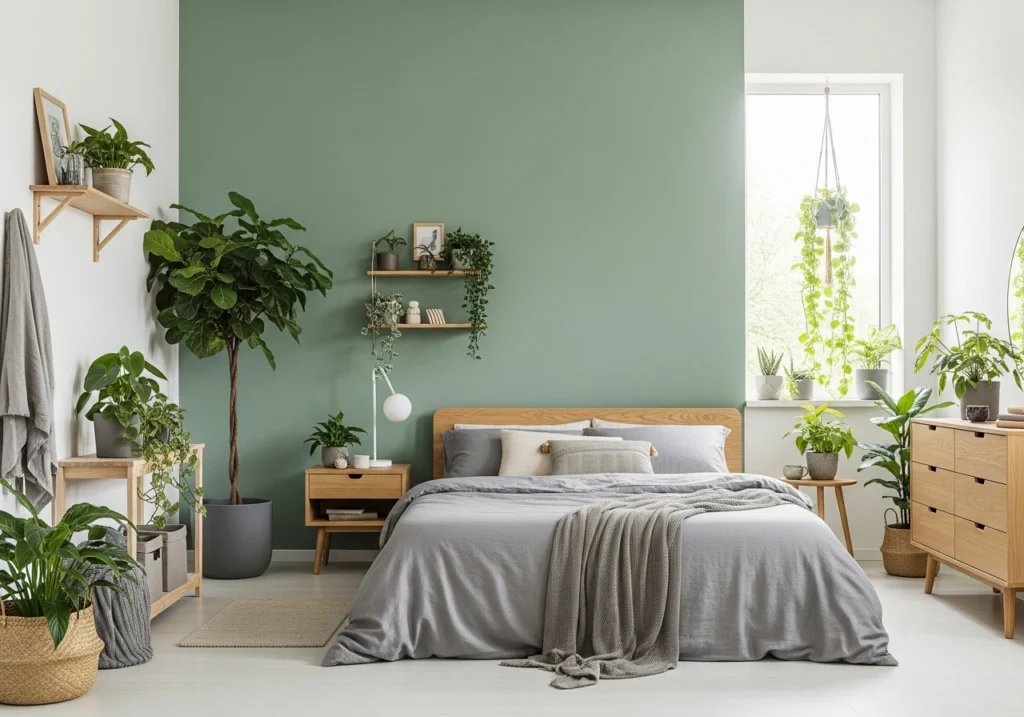 15. Bring Nature Indoors with Green and Gray Bedroom Color Schemes for Cozy, Stylish Retreat