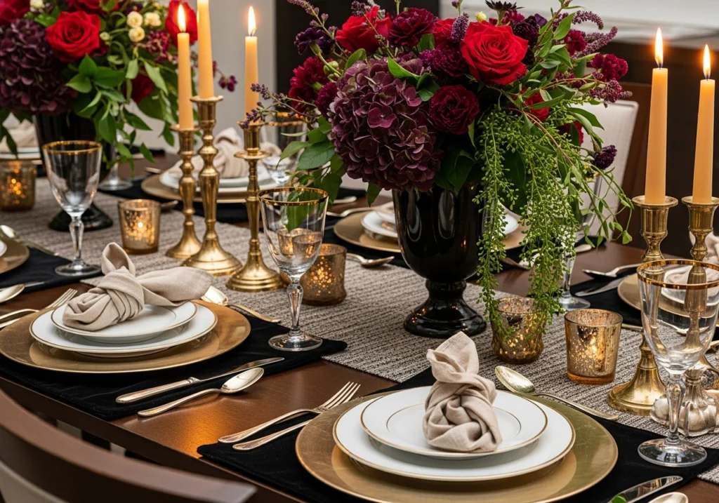 15. Layered table decor for a luxe look
Moody Dining Room Ideas