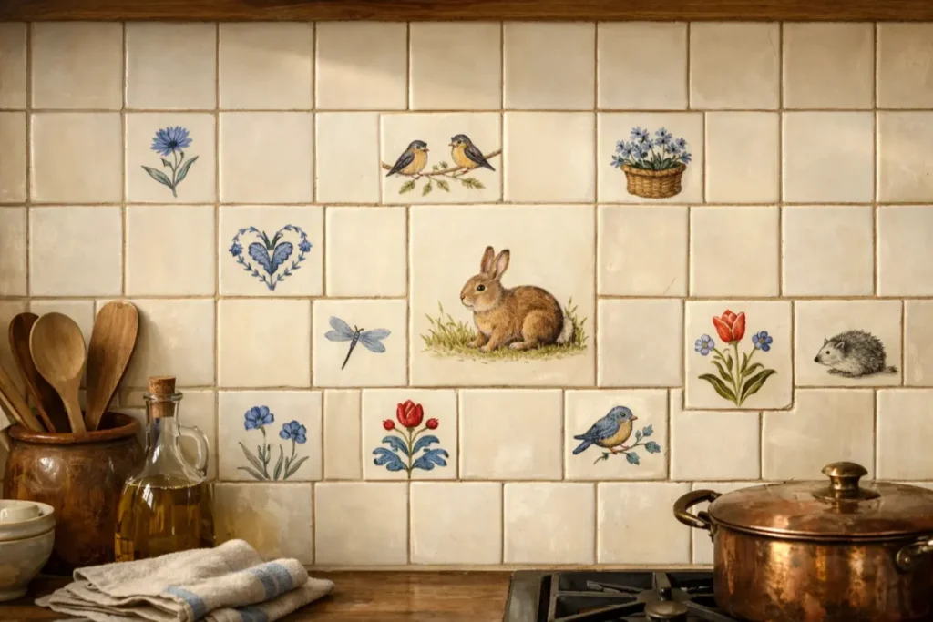 Country Kitchen Backsplash
Cream Ceramic Tile with Handpainted Details