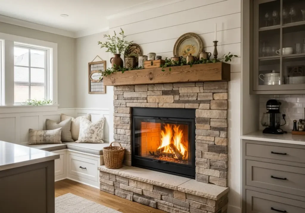 25. Cozy Fireplace Feature
Inspiring Farmhouse Kitchen Design Ideas
