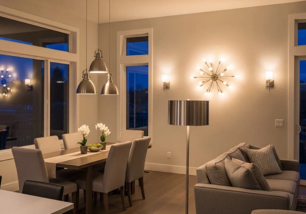 Cohesive neutral color scheme seamlessly connecting living room and dining room with matching decor elements