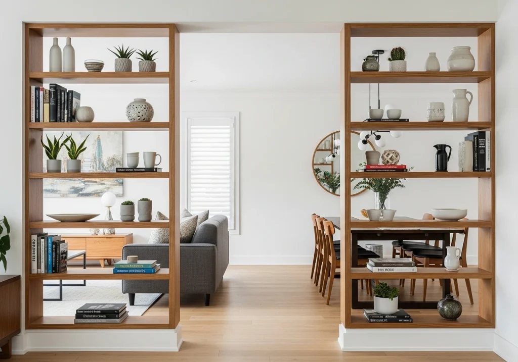 Open shelving divider seamlessly connecting living room and dining room while maintaining visual flow