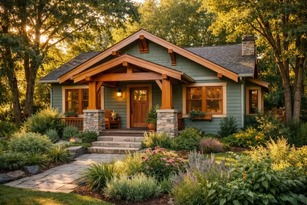 Exterior Color Schemes
Sage Green with Natural Wood Accents