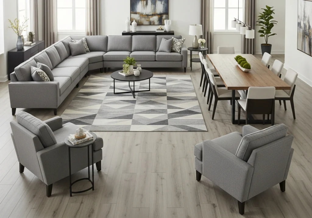 Strategic furniture layout seamlessly connecting living room and dining room in open concept space