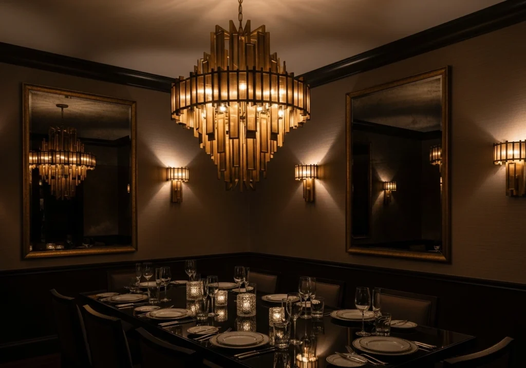 7. Ambient lighting with statement fixtures
Moody Dining Room Ideas