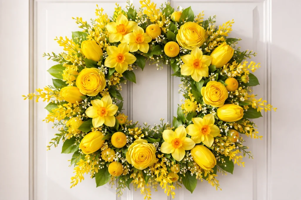 7. Bright Yellow Spring Wreath for a Burst of Sunshine DIY Spring Wreaths Transform Front Porch