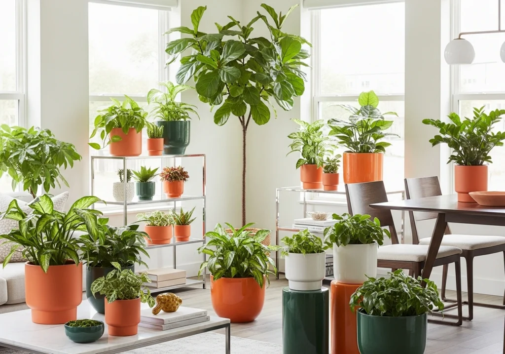 Indoor plants in matching planters seamlessly connect living room and dining room with natural elements