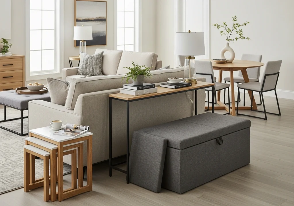 Multifunctional console table seamlessly connecting living room and dining room for versatile use