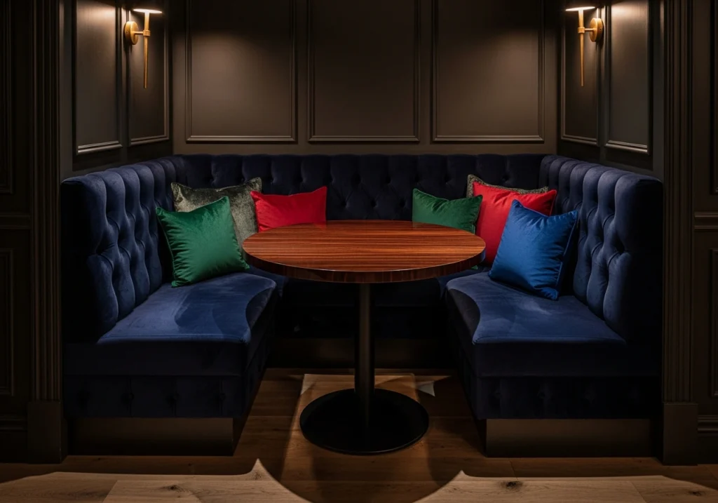 8. Elegant banquette seating
Moody Dining Room Ideas