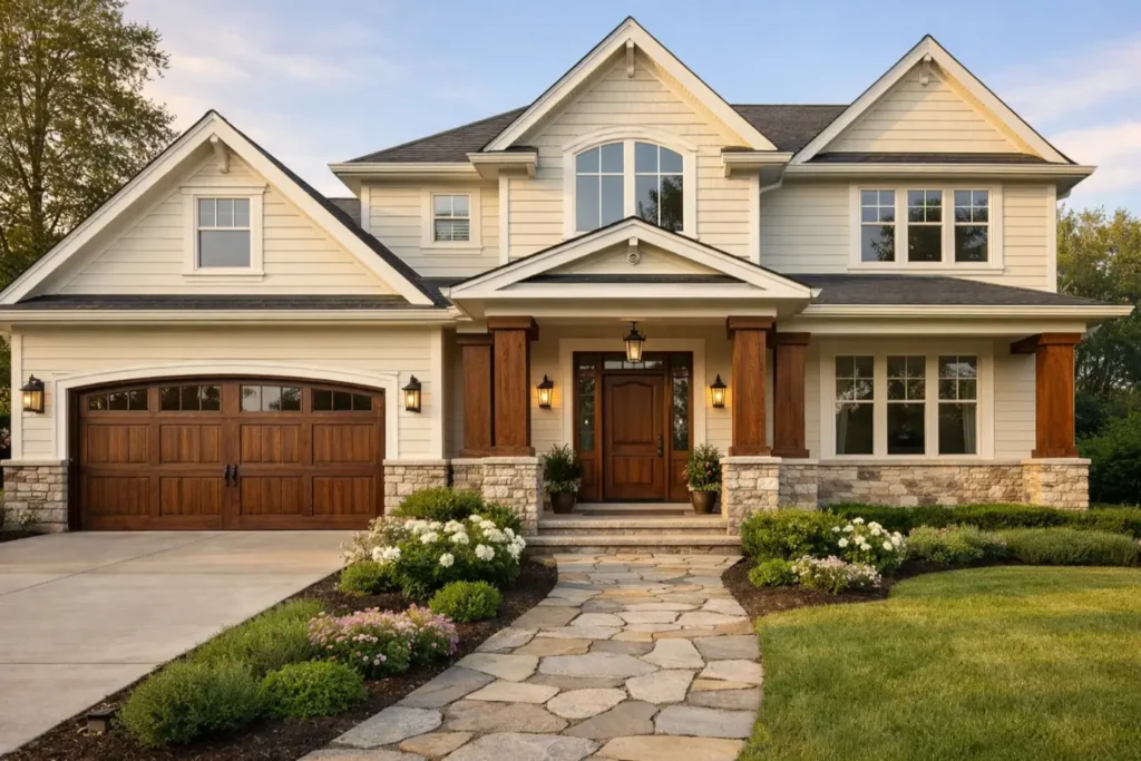 Exterior Color Schemes
Creamy Off-White with Warm Wood Details