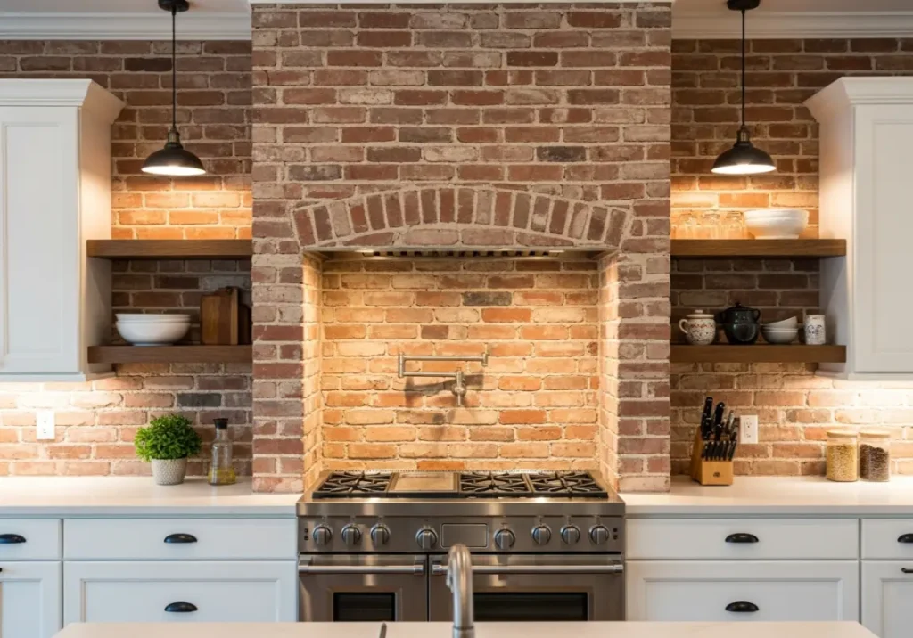 9. Brick Accent Wall
 Inspiring Farmhouse Kitchen Design Ideas
