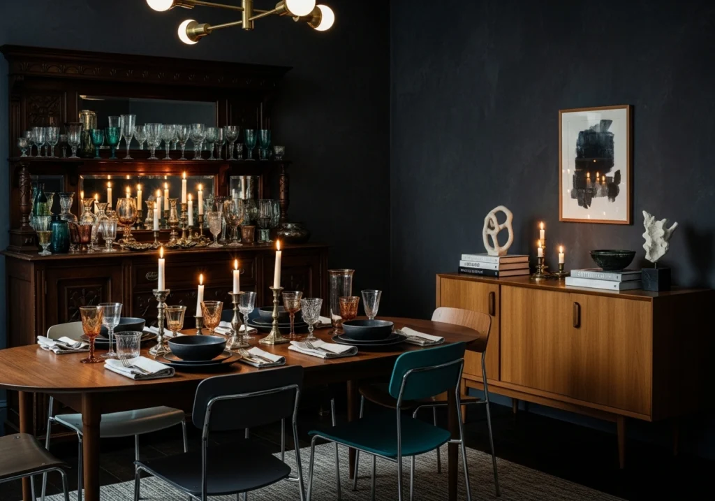 9. Vintage and eclectic styling
Moody Dining Room Ideas