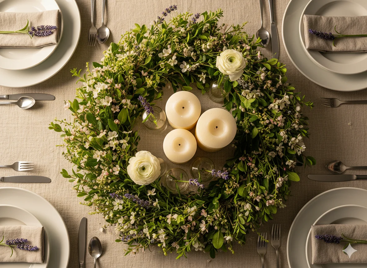 A Floral Wreath Repurposed as a Table Centerpiece