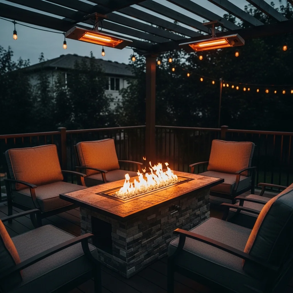 Back Deck Ideas with Fire Pit and Outdoor Heating