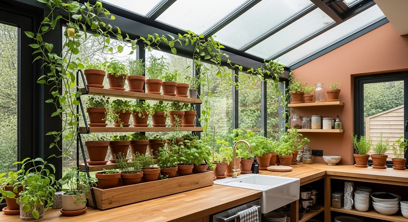 Biophilic Solarium Kitchen Ideas with an Integrated Herb Garden