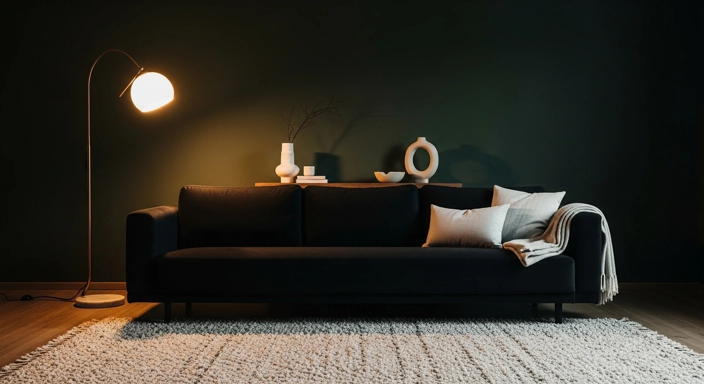 Black Sofa Against a Dark Accent Wall