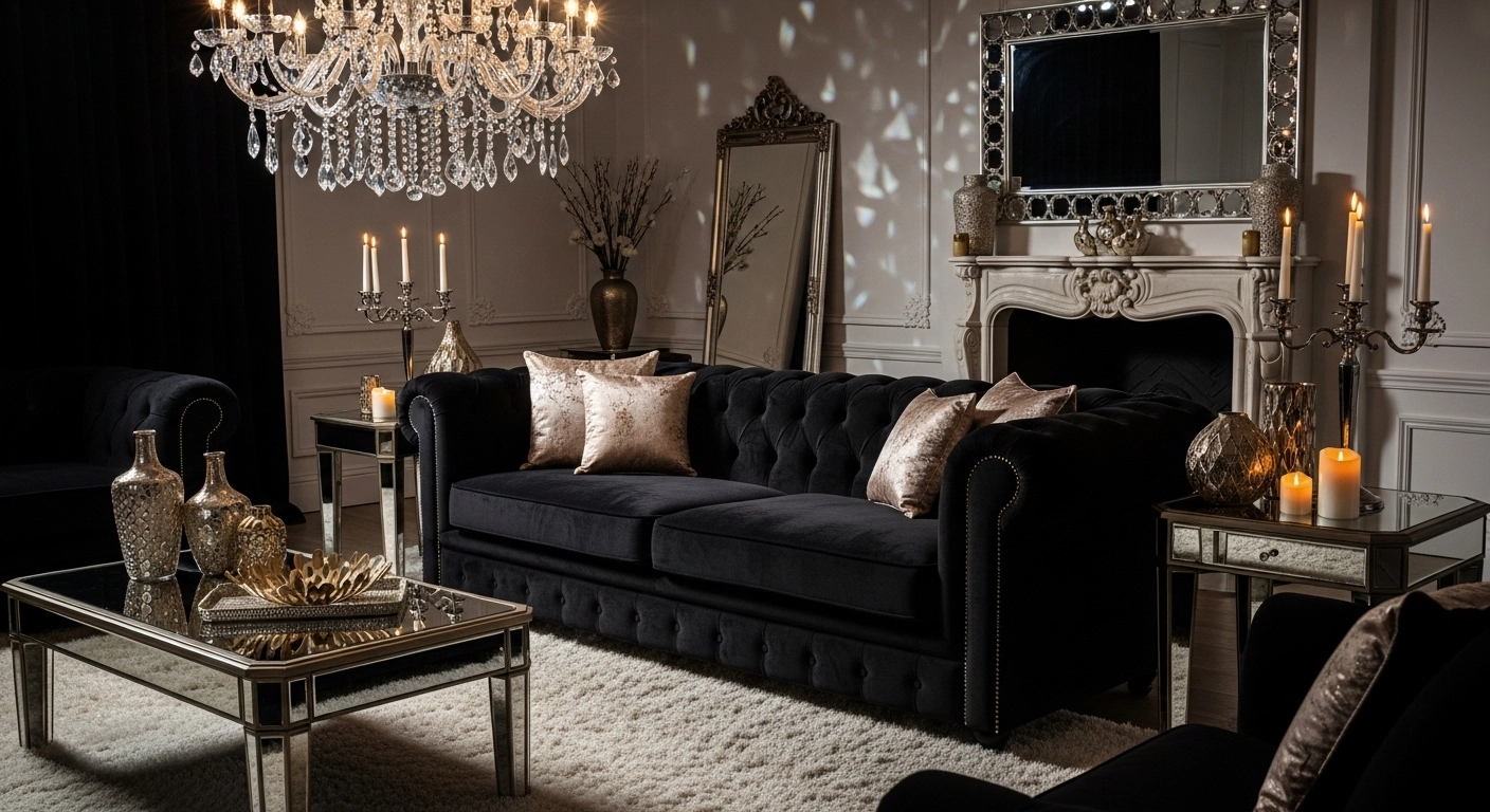 Black Velvet Sofa in a Glam Living Room