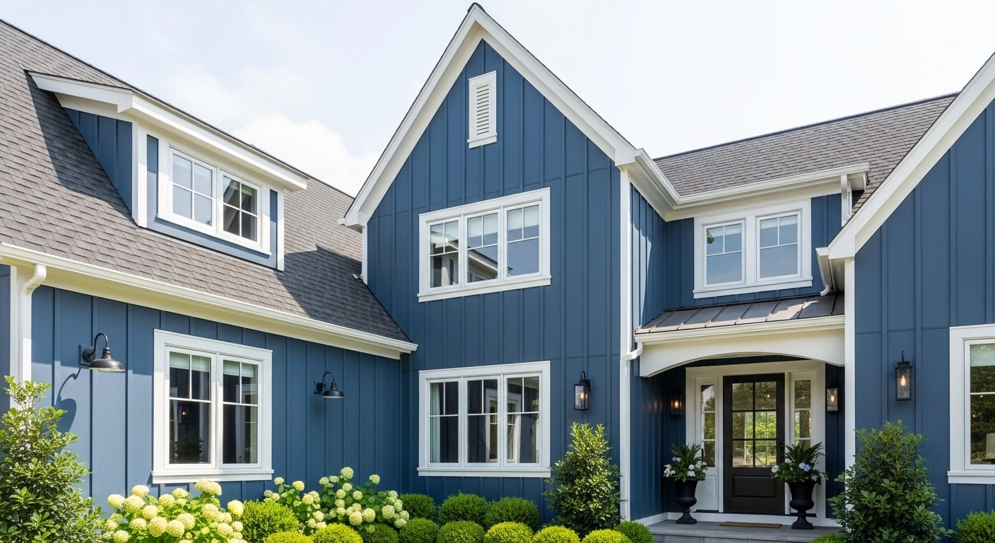 Board and Batten Siding for a Modern Dark Blue House Exterior