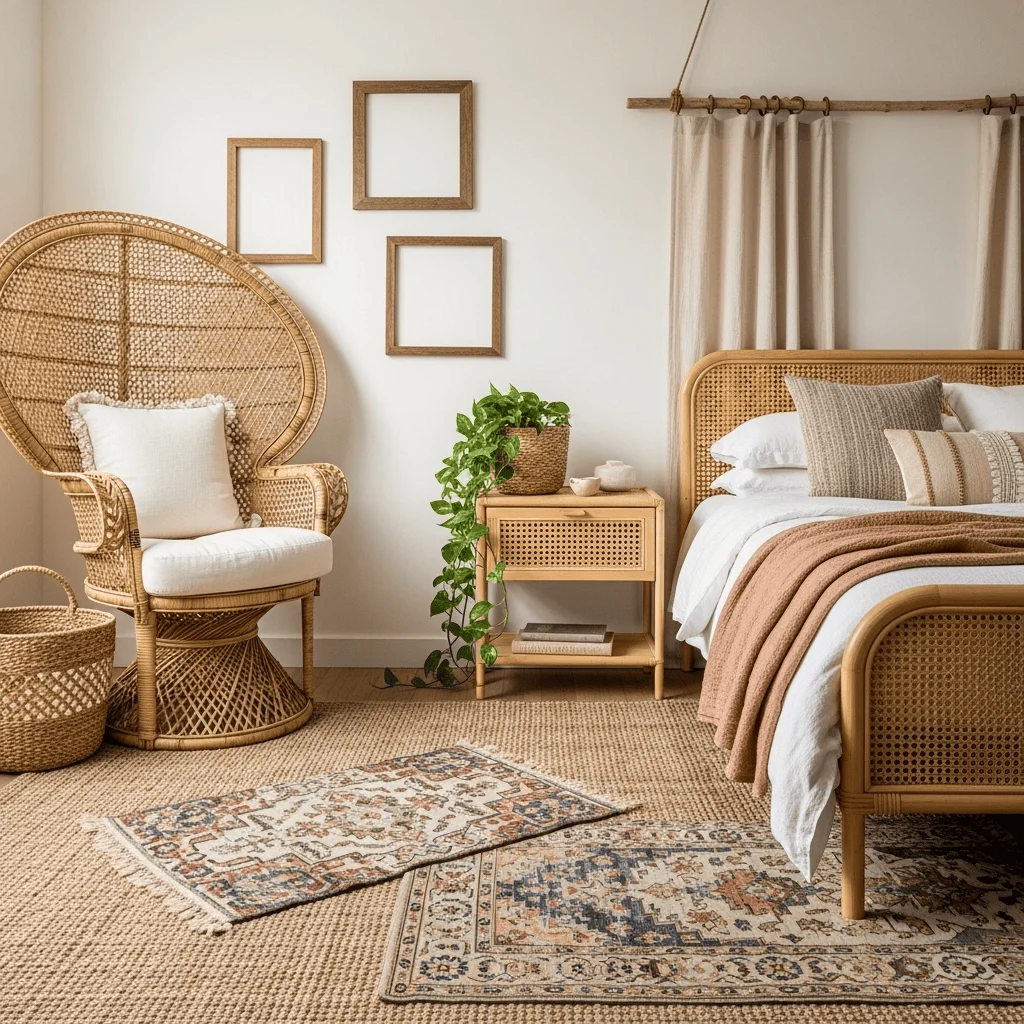 Bring-in-Rattan-Jute-and-Natural-Materials-Throughout-the-Roomboho farmhouse bedroom