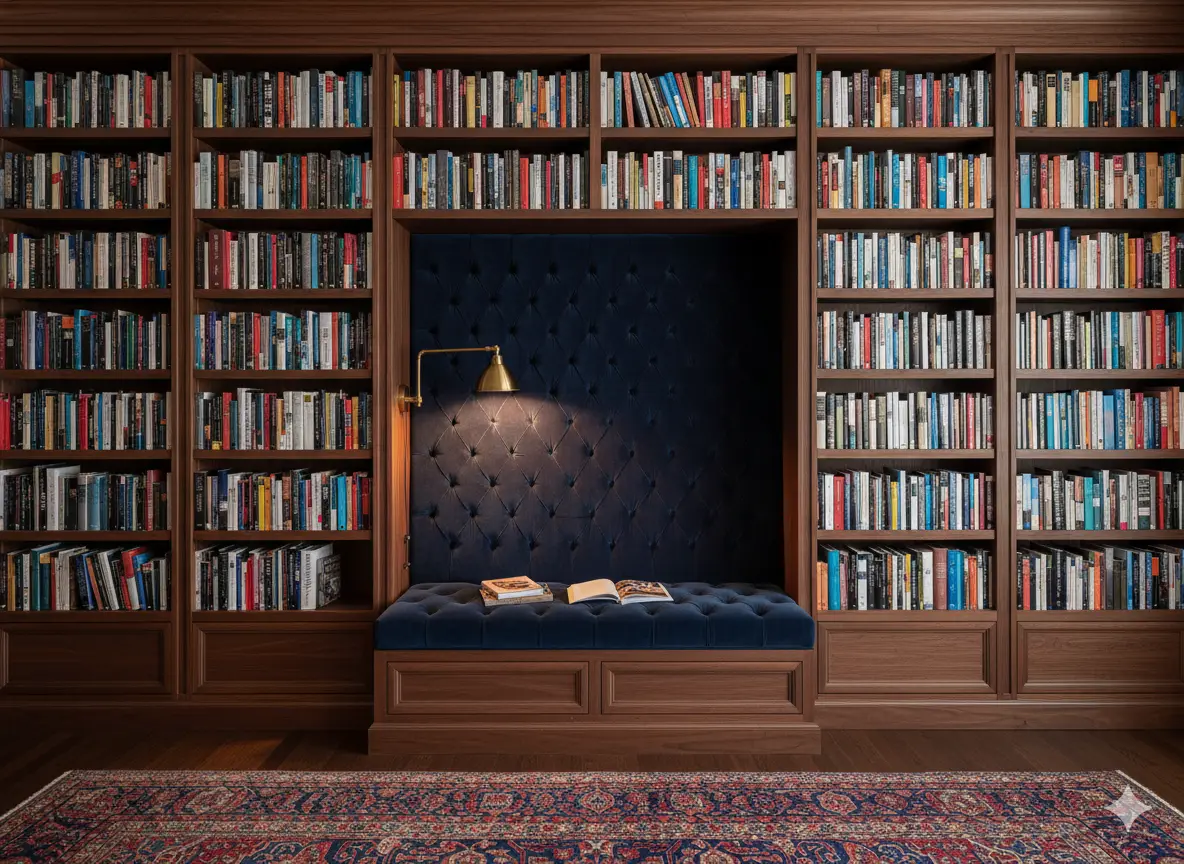 Built-In Bookshelves Framing a Seat: One of the Best Home Library Reading Nook Ideas