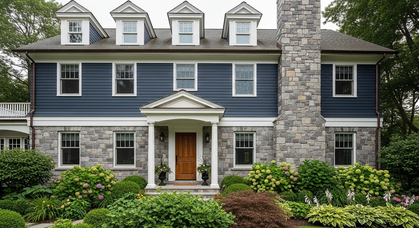 Dark Blue House Exterior Ideas with Stone Accents