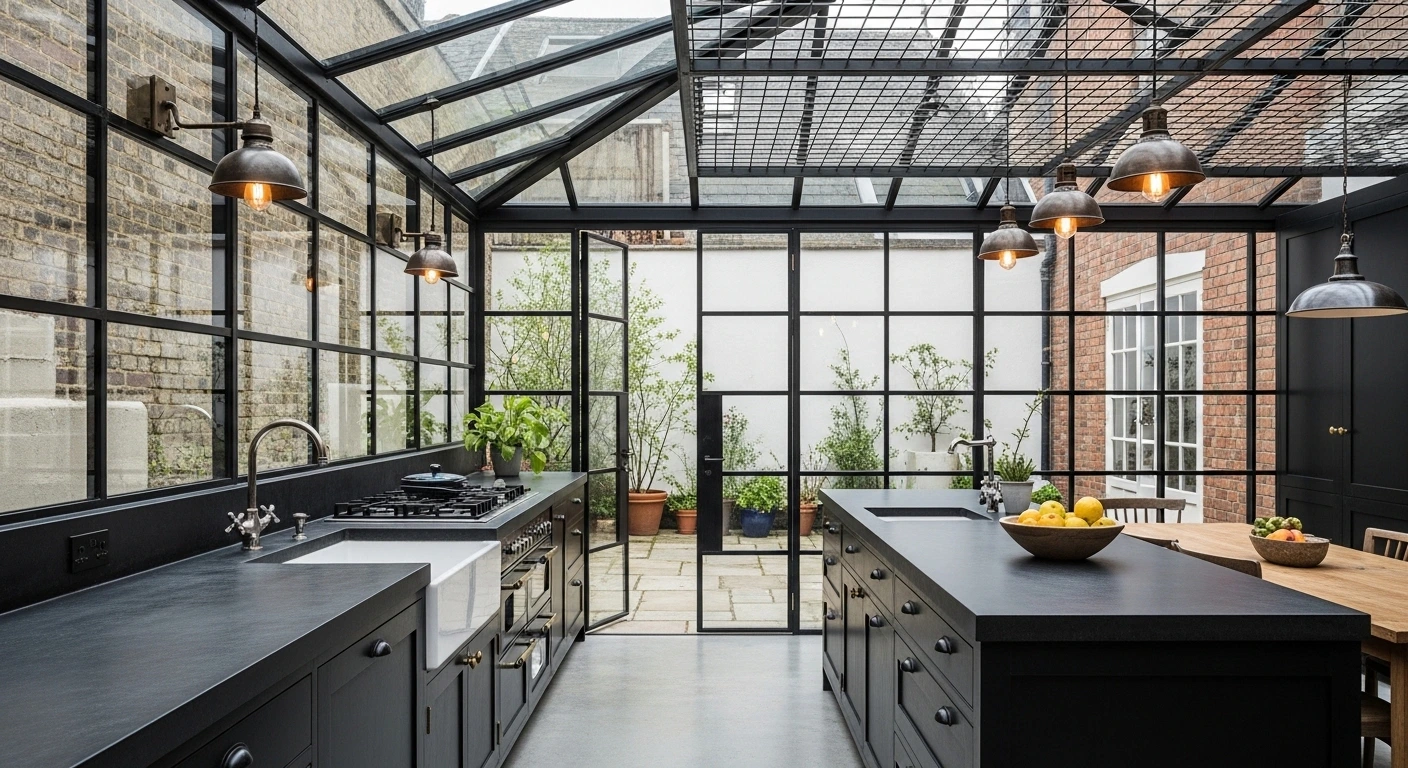 Industrial Glass and Steel Solarium Kitchen Ideas for Contemporary Homes