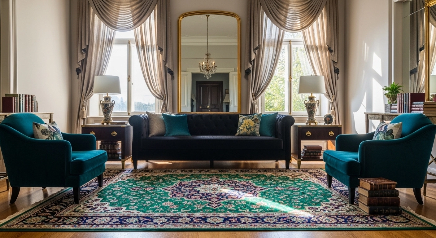 Jewel Tones Paired with Black Sofa Living Room Designs