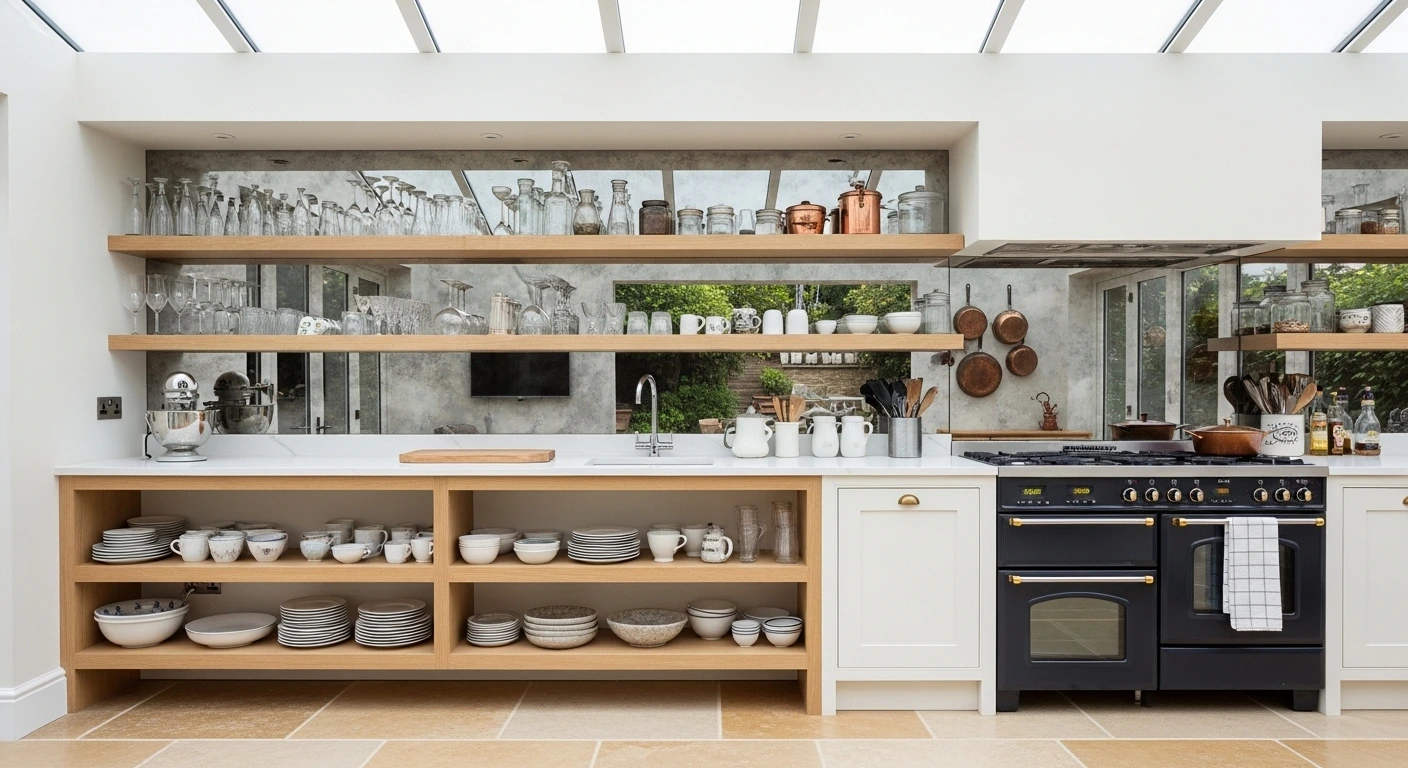 Open Shelving and Reflective Surfaces in Solarium Kitchen Ideas