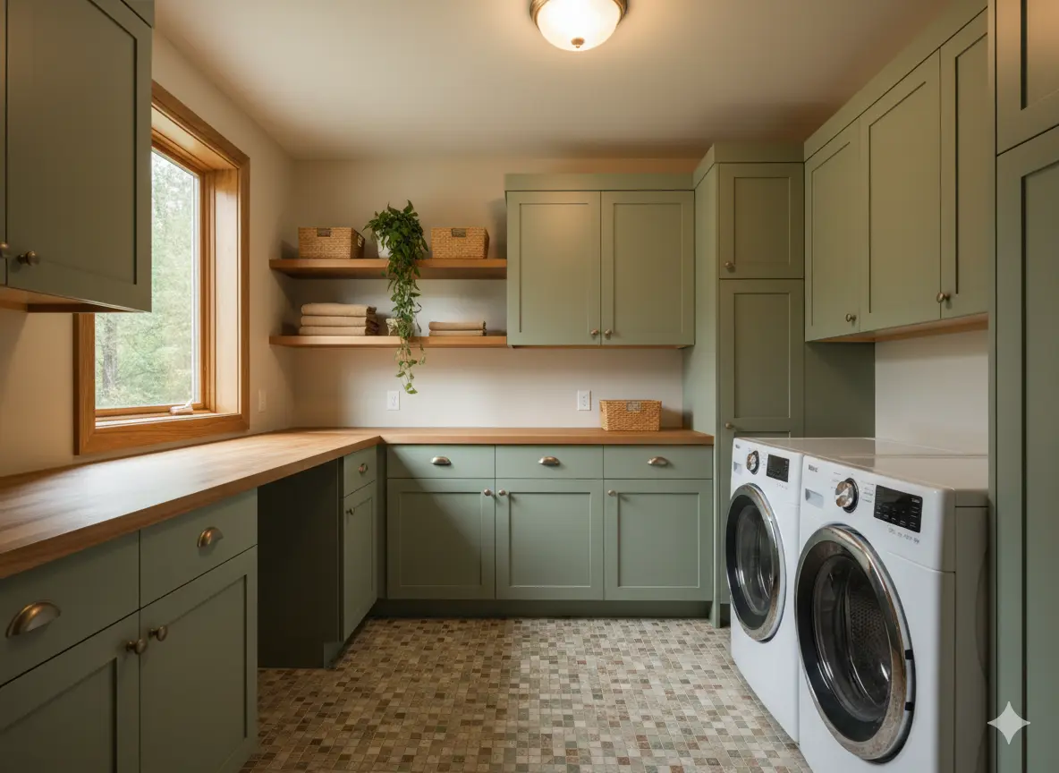 Sage Green Cabinets and Natural Wood Accents