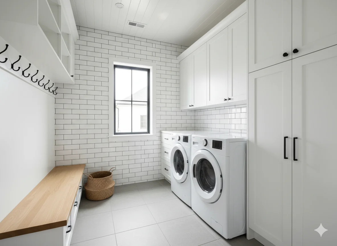 The Bright White Mudroom Laundry Room Combo with Dark Accents