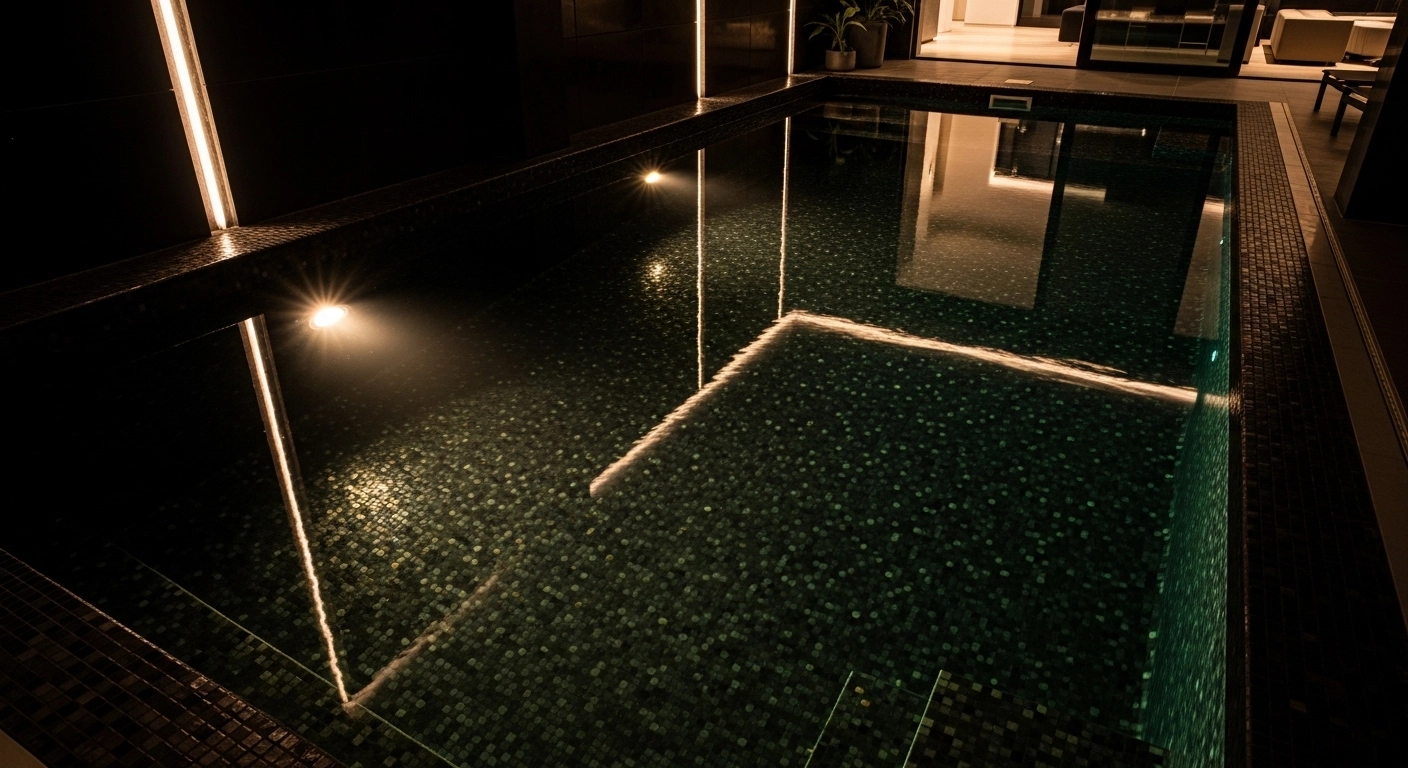 The Dark-Tiled Indoor Pool for Maximum Drama