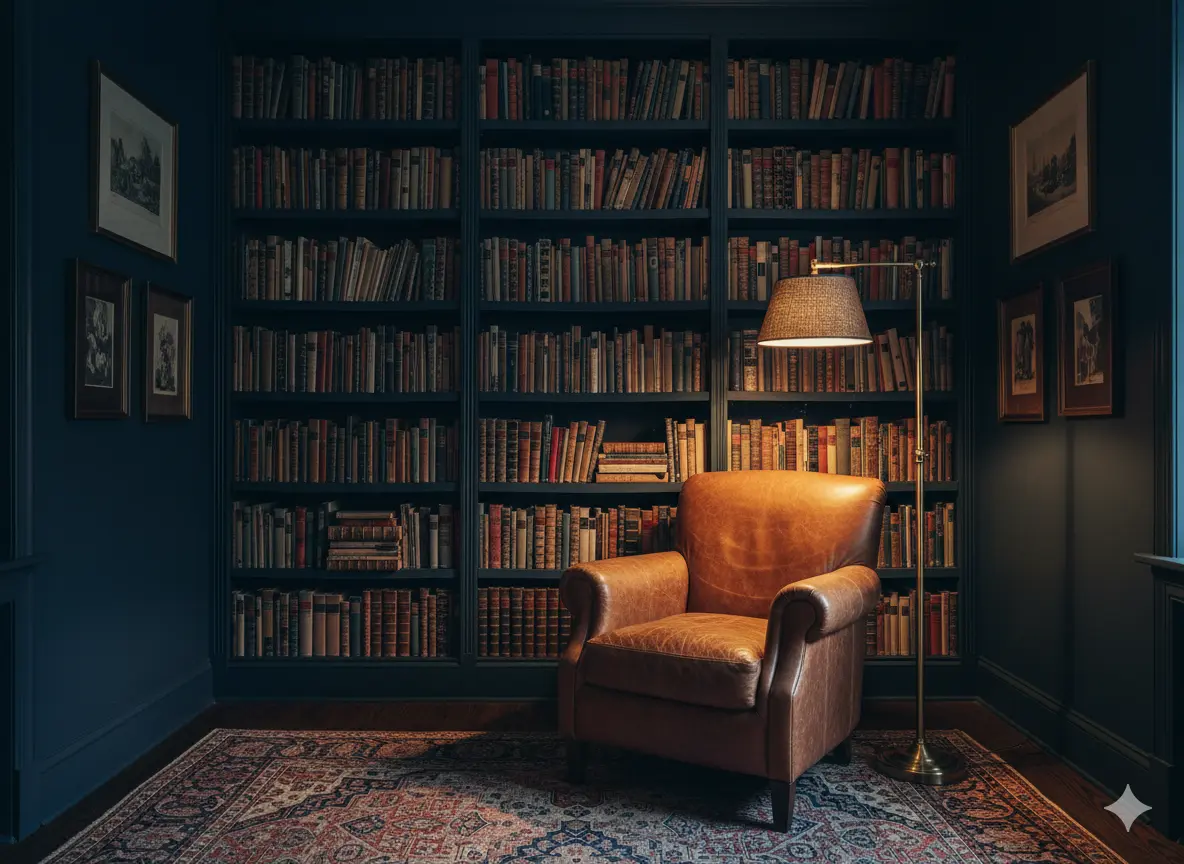 The Dark and Dramatic Home Library Reading Nook Idea