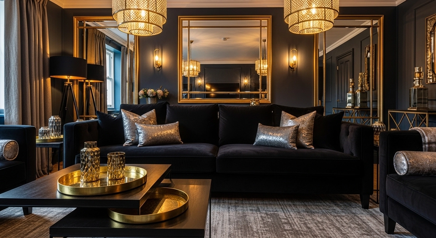 The High-Contrast Black and Gold Living Room