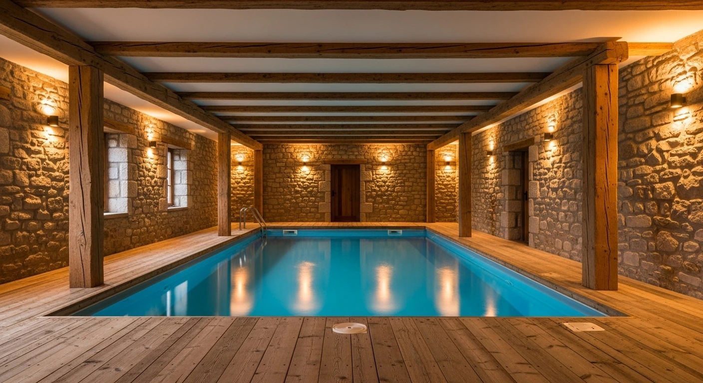 The Rustic-Modern Indoor Pool with Warm Wood Accents
