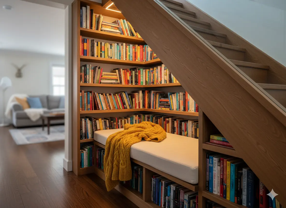 Under the Stairs: A Clever Home Library Reading Nook Idea