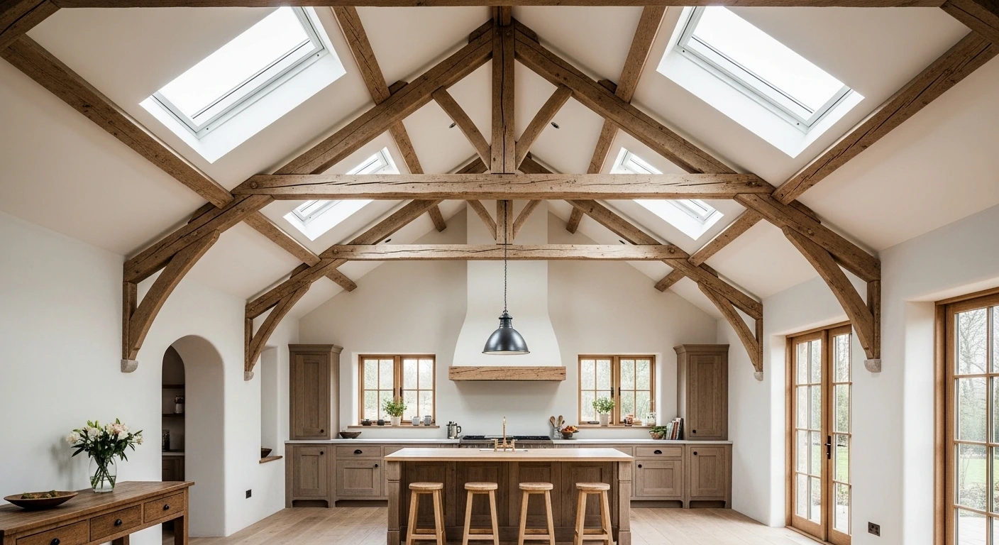 Vaulted Ceilings and Exposed Beams in Solarium Kitchen Ideas