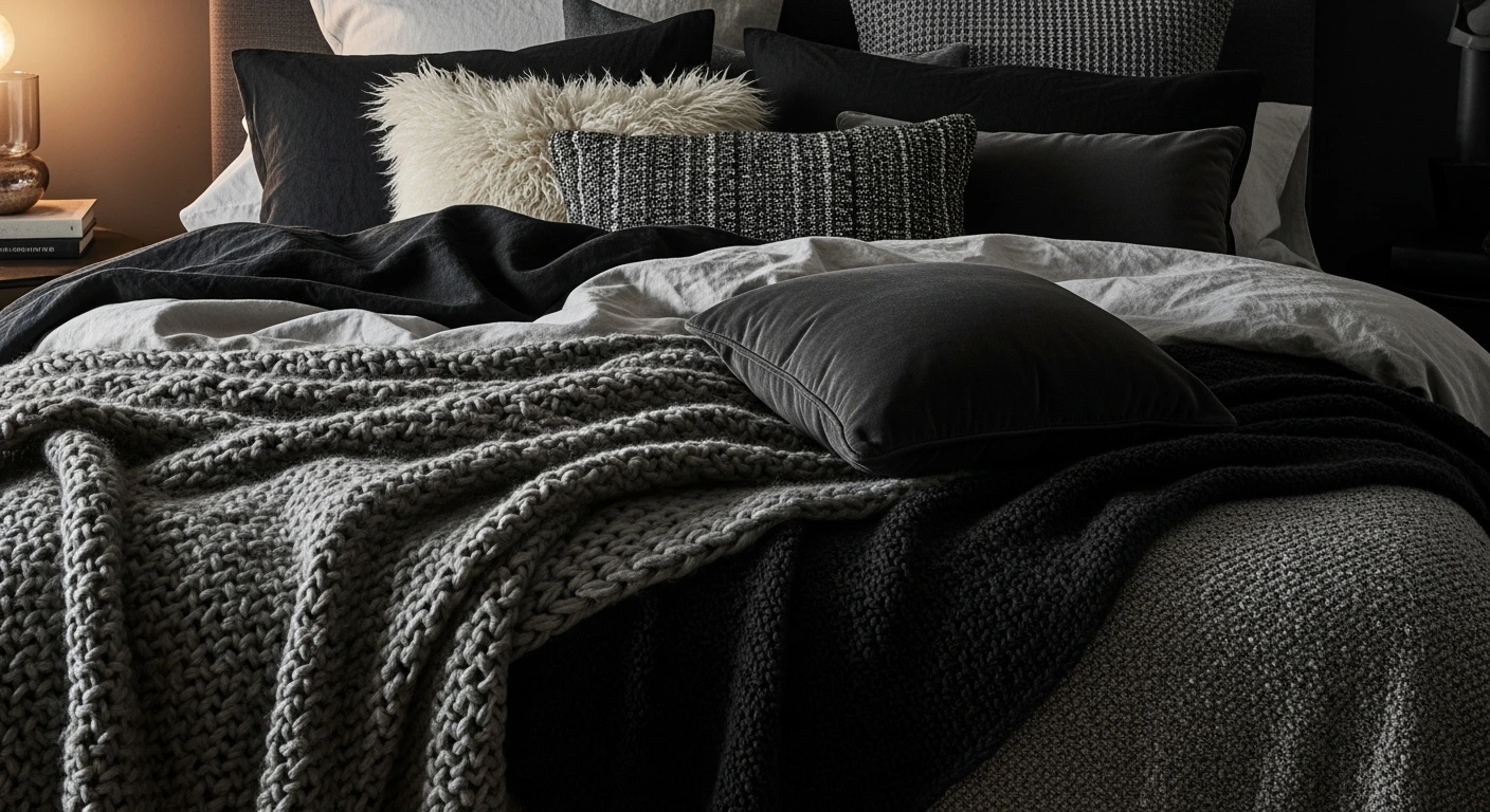 Black Bedroom Ideas with Layered Textiles