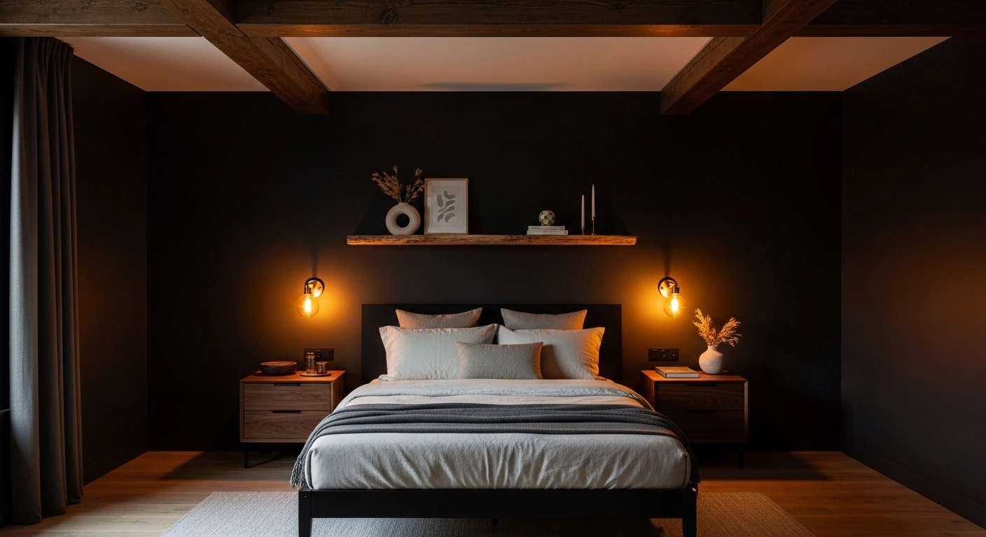 Black Bedroom Ideas with Natural Wood Accents